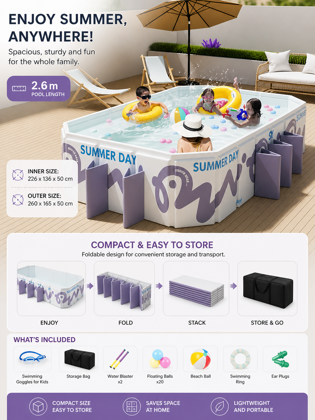 Premium 2.6m Foldable Family Pool – Purple Summer Edition with 8-Piece Accessory Set