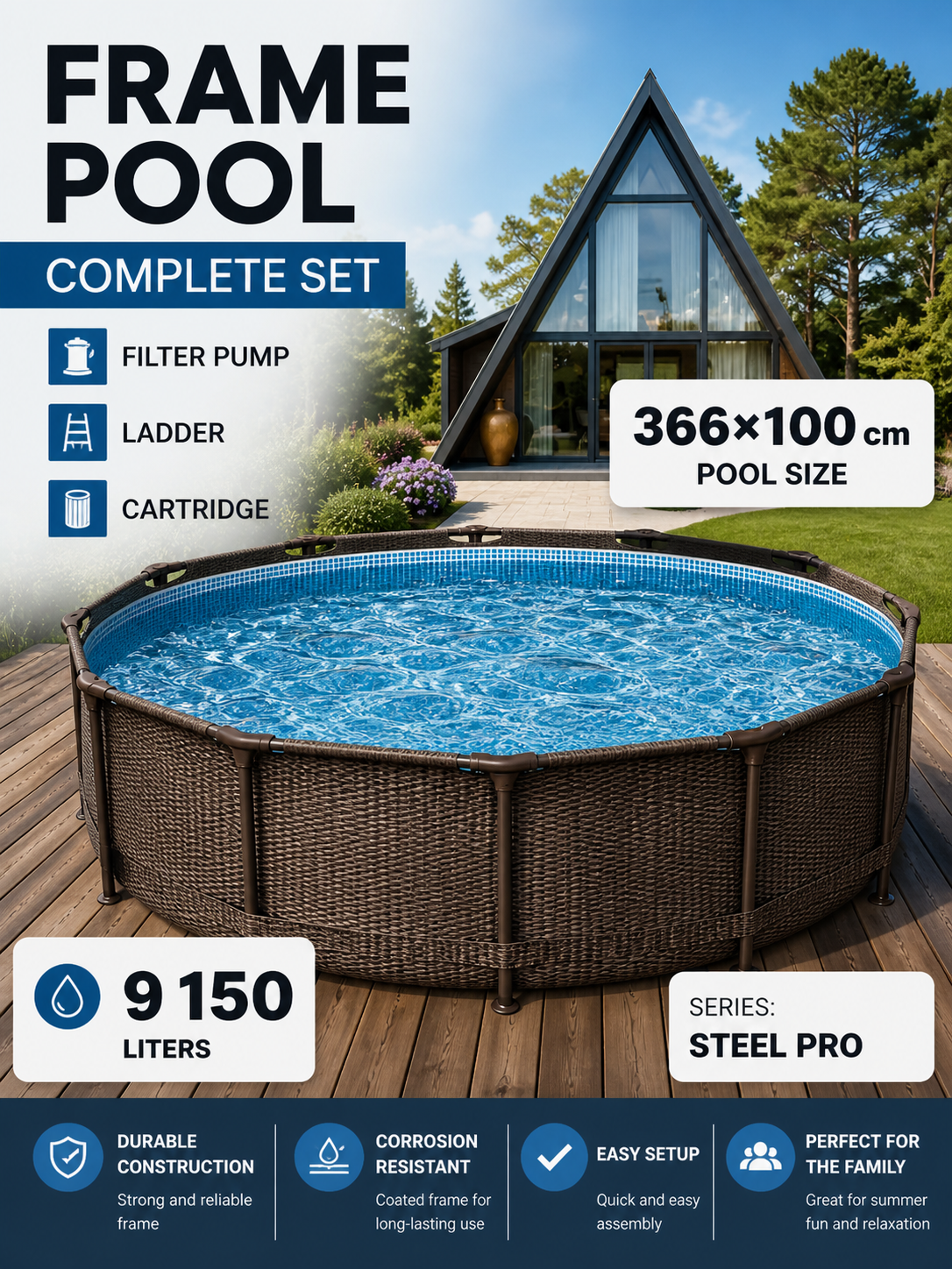 Woven Pattern Round Frame Pool Set with Filter Pump and Ladder