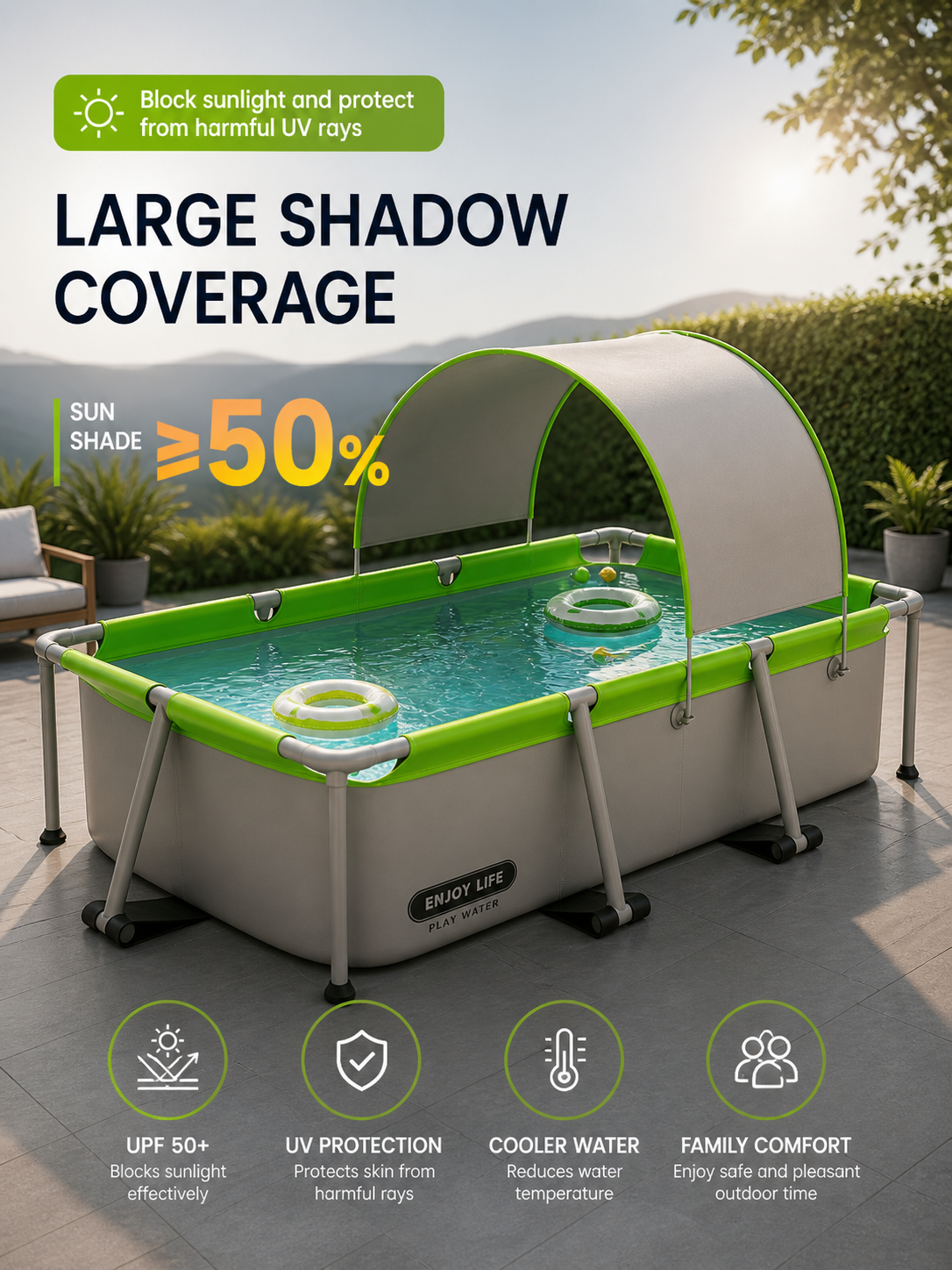 Premium Rectangular Family Frame Pool with UV Shade Canopy