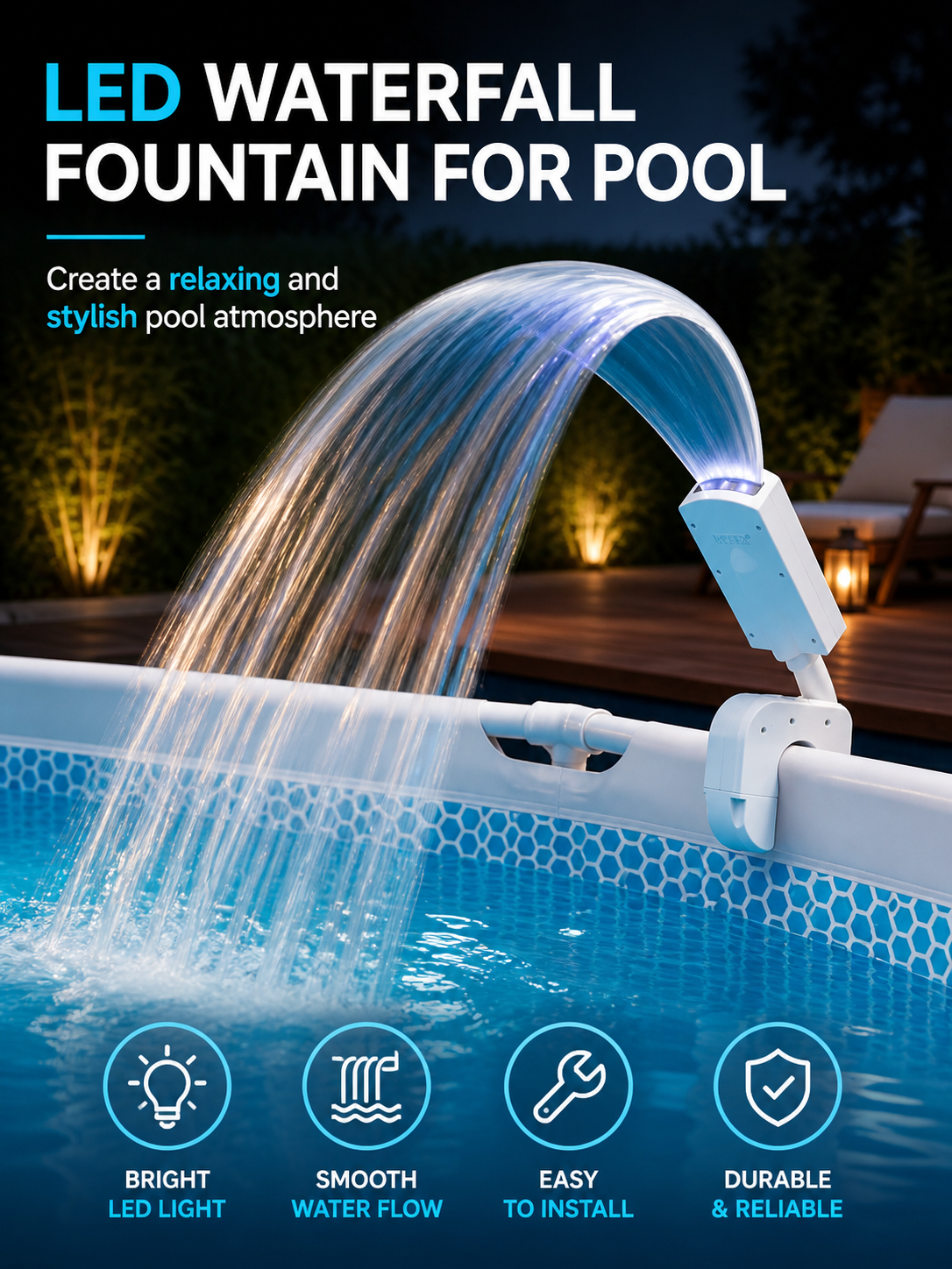 Multicolor LED Waterfall Fountain for Frame Pools