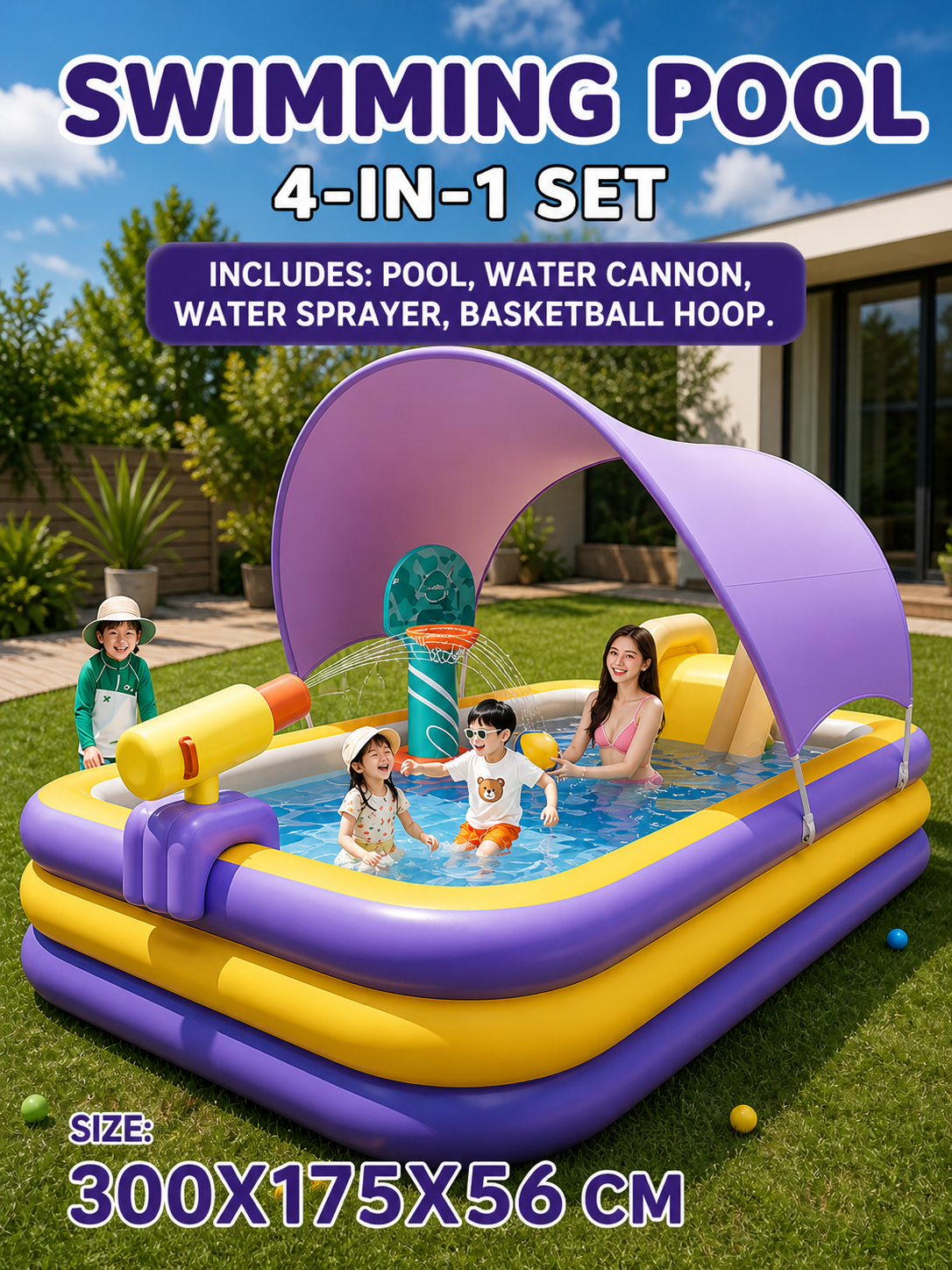 4-in-1 Inflatable Family Play Center with Slide & Water Cannon