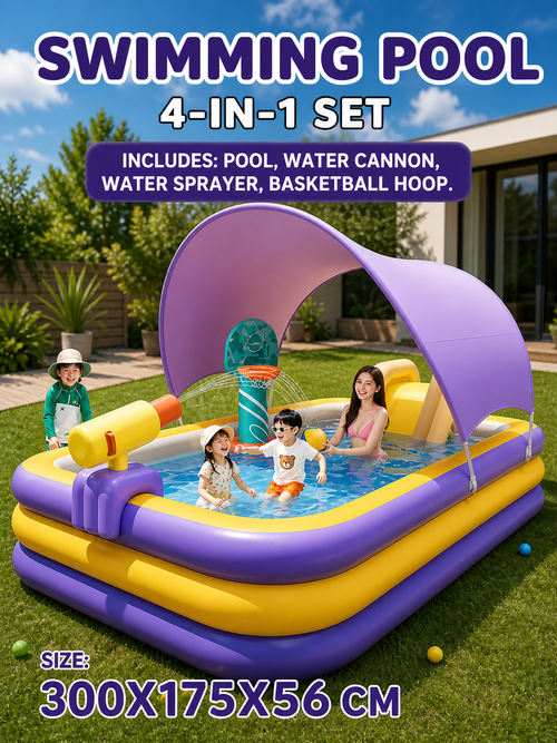 4-in-1 Inflatable Family Play Center with Slide & Water Cannon