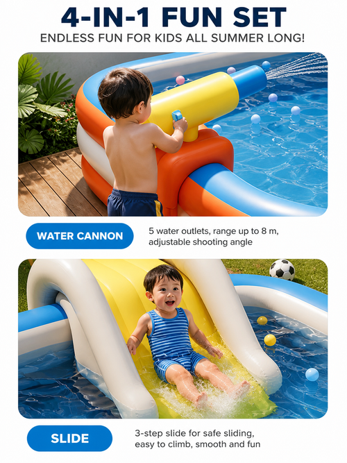 4-in-1 Inflatable Family Play Center with Slide & Water Cannon