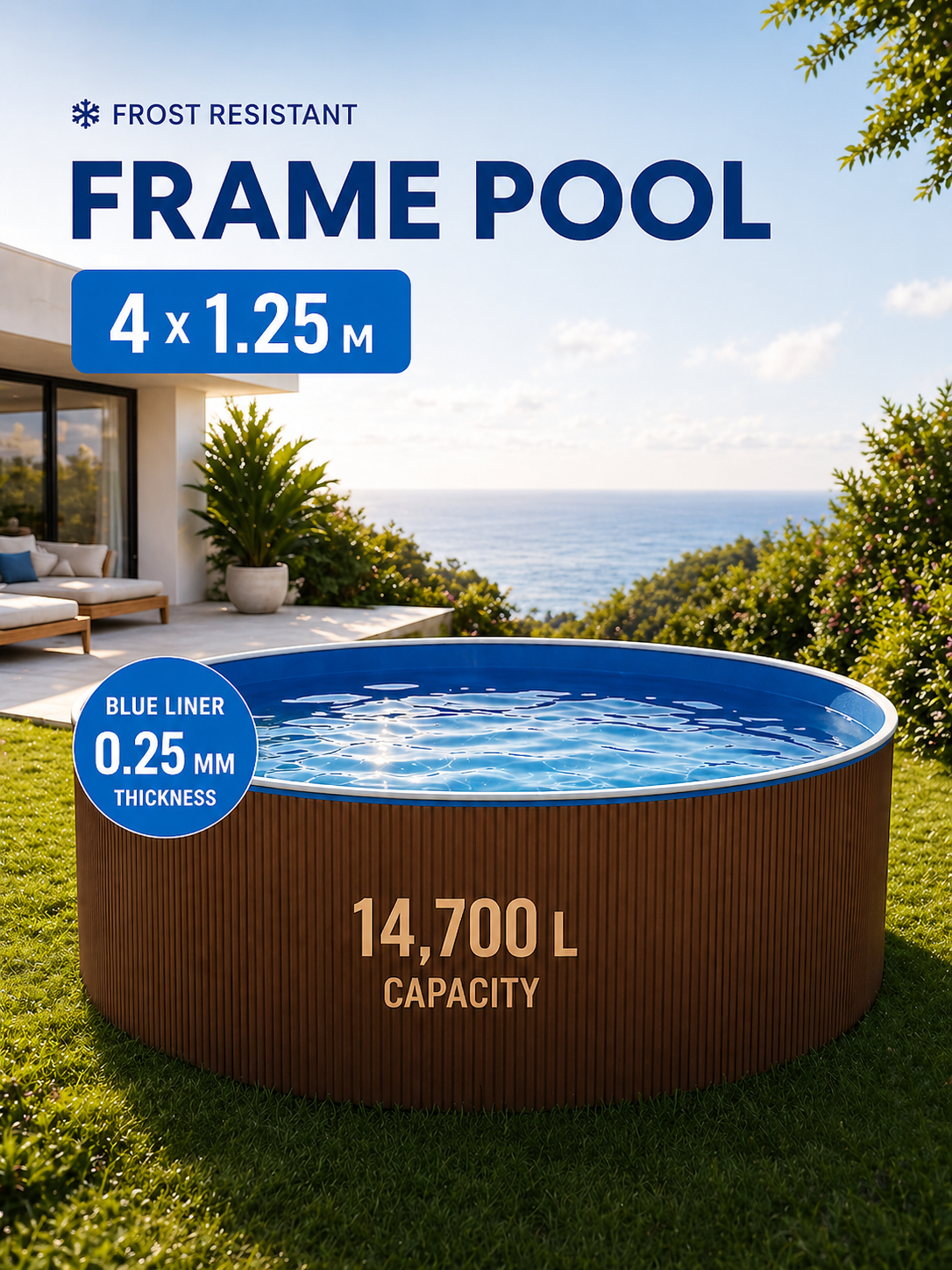 All-Season Deep Azure Steel Frame Pool with Wood-Texture Finish