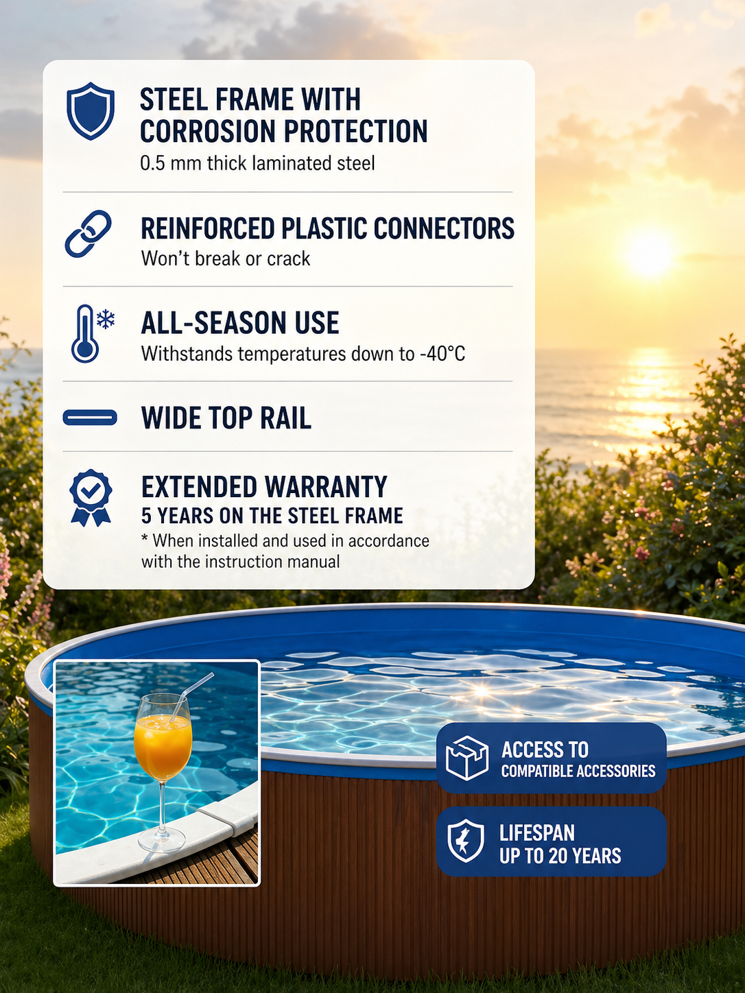 All-Season Deep Azure Steel Frame Pool with Wood-Texture Finish
