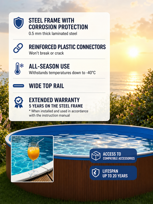 All-Season Deep Azure Steel Frame Pool with Wood-Texture Finish