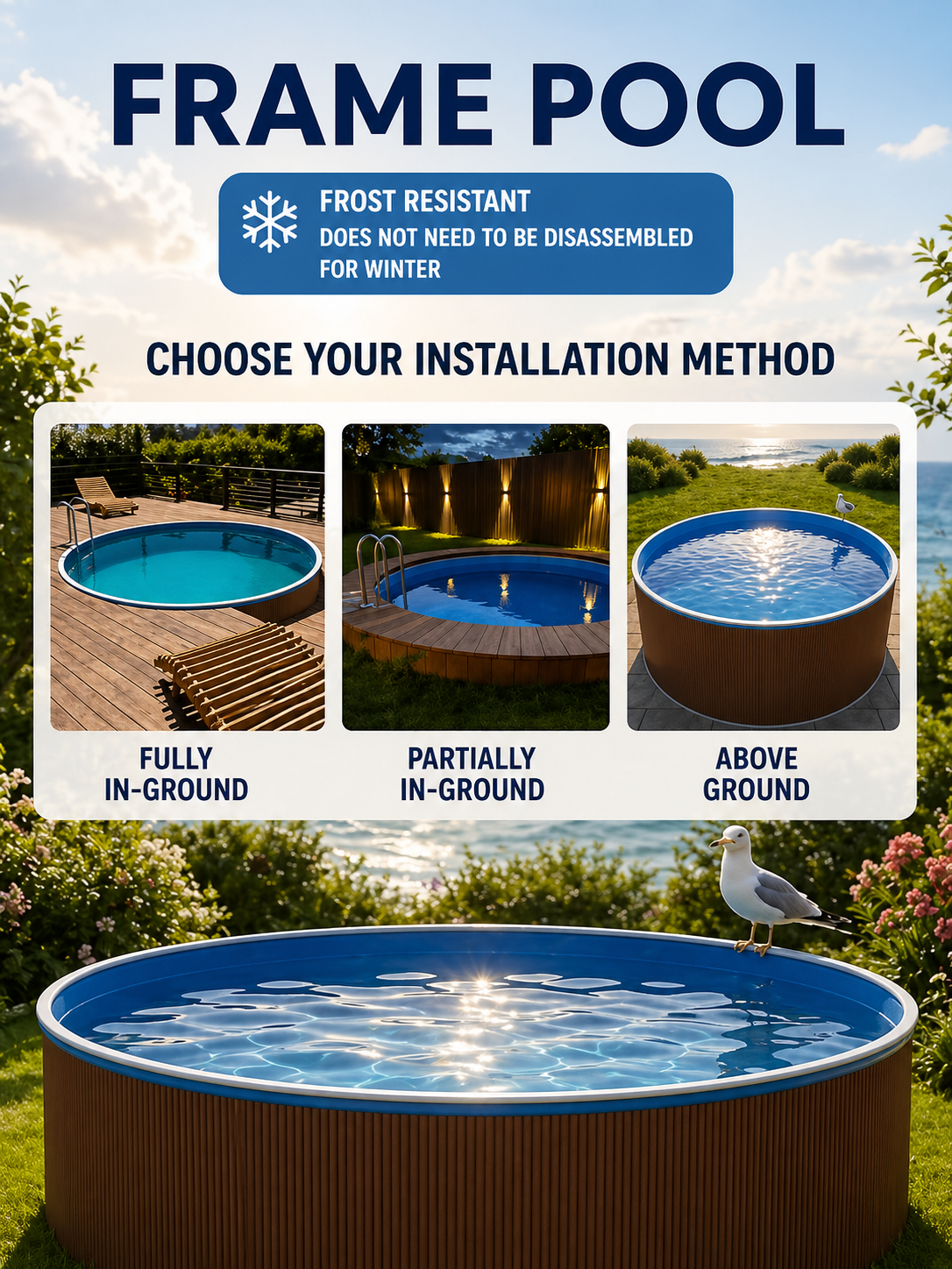 All-Season Deep Azure Steel Frame Pool with Wood-Texture Finish