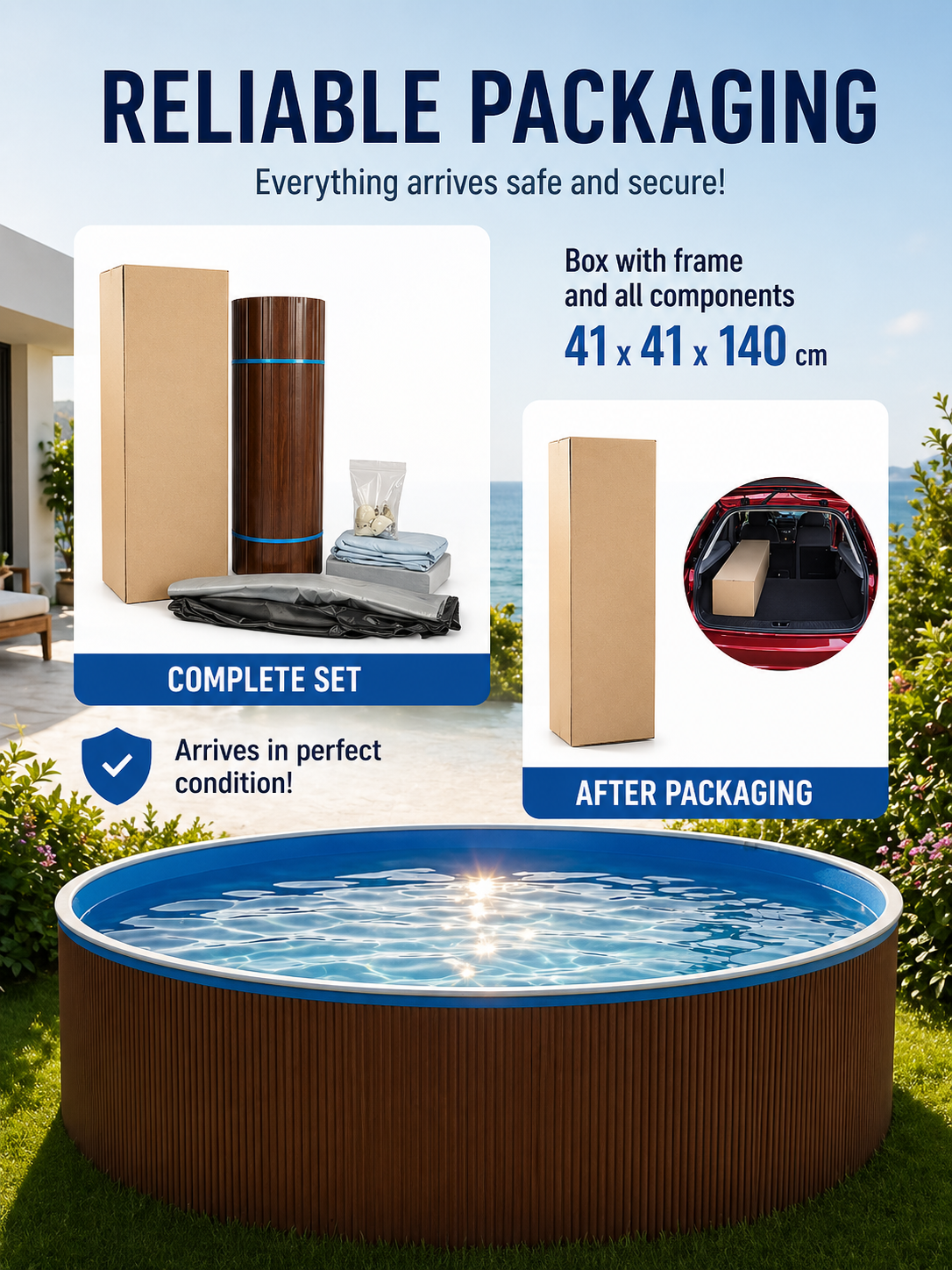 All-Season Deep Azure Steel Frame Pool with Wood-Texture Finish