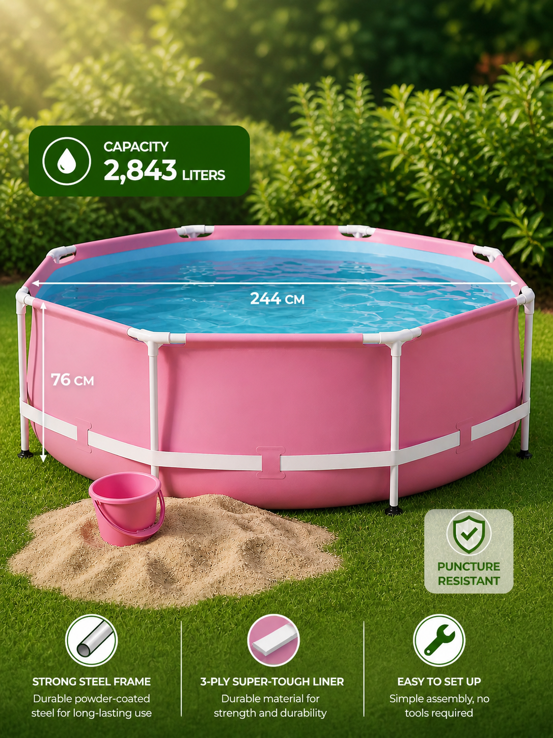 244cm Round Frame Family Pool in Pink (2843L) – Durable & Easy Setup
