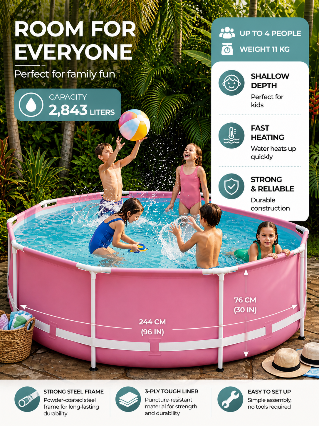 244cm Round Frame Family Pool in Pink (2843L) – Durable & Easy Setup
