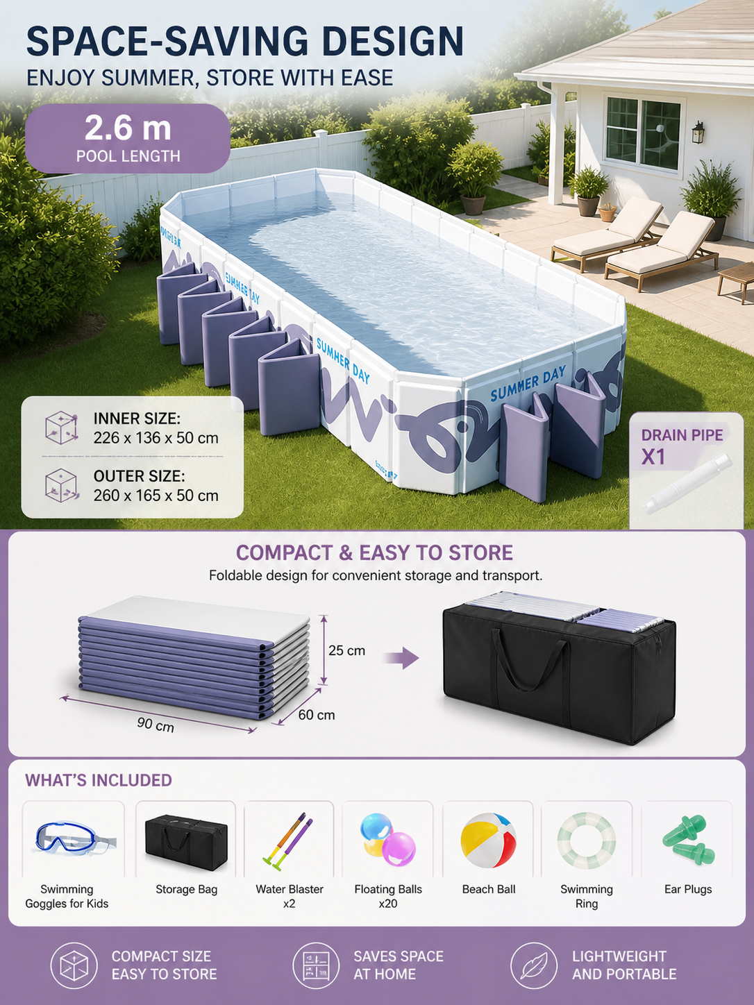 Premium 2.6m Foldable Family Pool – Purple Summer Edition with 8-Piece Accessory Set