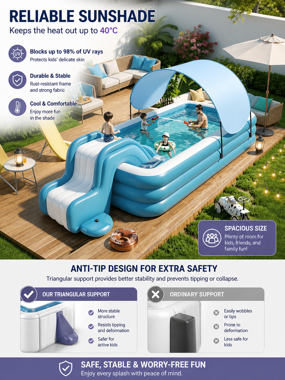 Premium Inflatable Family Pool with Removable Sunshade, Slide, and Electric Pump Set