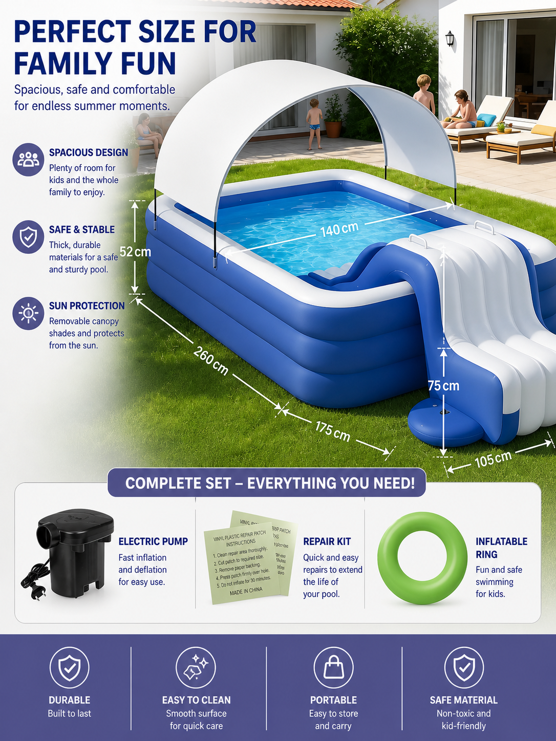 Premium Inflatable Family Pool with Removable Sunshade, Slide, and Electric Pump Set