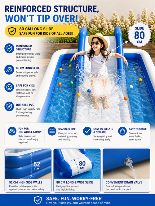 Premium Inflatable Family Pool with Removable Sunshade, Slide, and Electric Pump Set