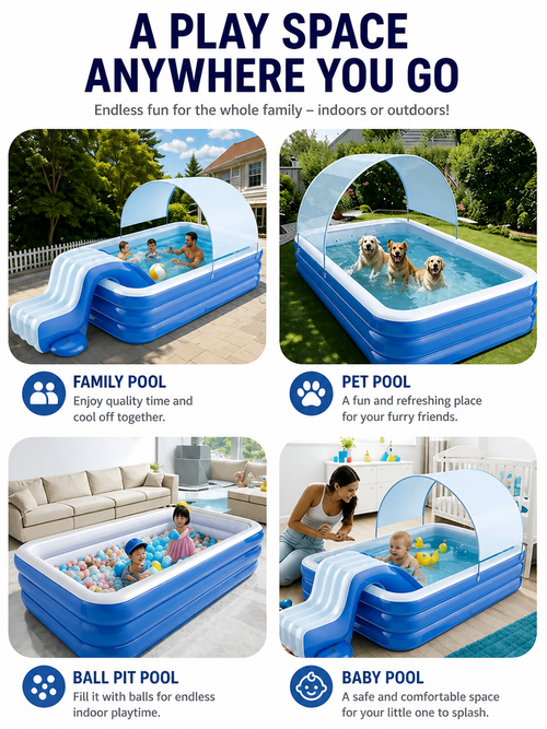 Premium Inflatable Family Pool with Removable Sunshade, Slide, and Electric Pump Set
