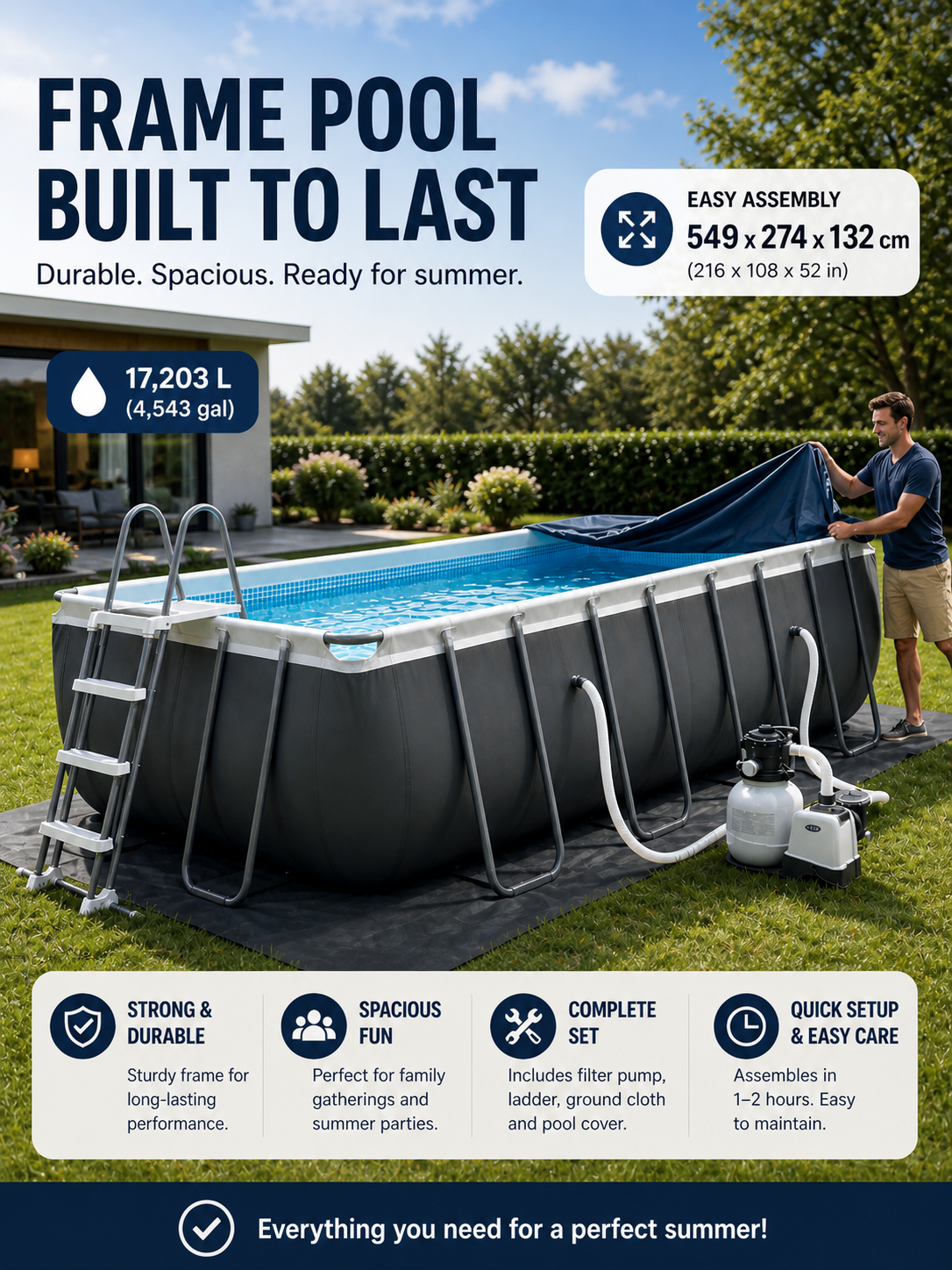 Ultra Frame Rectangular Pool Set (549x274x132 cm) with Sand Filter Pump, Ladder, and Cover