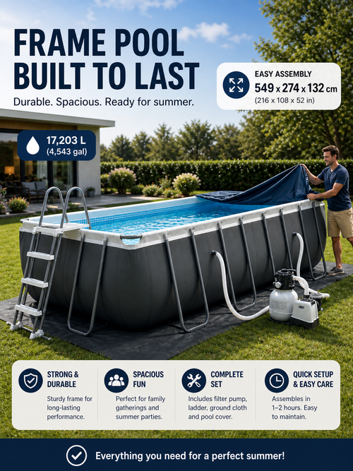 Ultra Frame Rectangular Pool Set (549x274x132 cm) with Sand Filter Pump, Ladder, and Cover