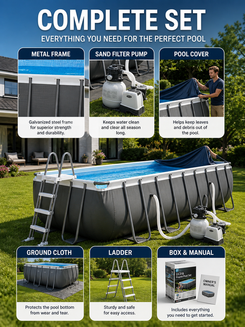 Ultra Frame Rectangular Pool Set (549x274x132 cm) with Sand Filter Pump, Ladder, and Cover