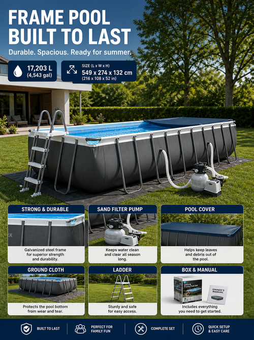 Ultra Frame Rectangular Pool Set (549x274x132 cm) with Sand Filter Pump, Ladder, and Cover