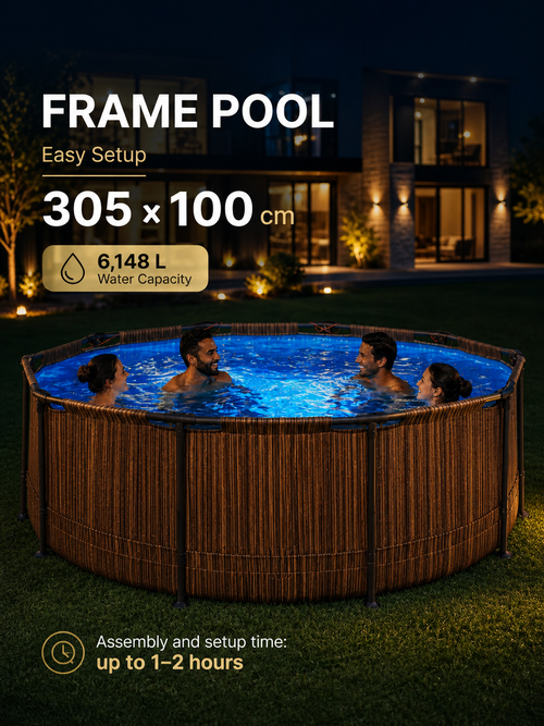 Wood-Slat Pattern Round Frame Pool Set