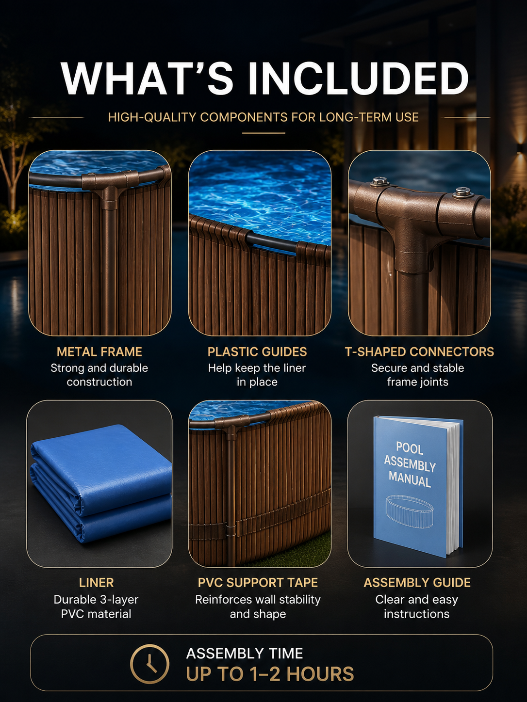 Wood-Slat Pattern Round Frame Pool Set