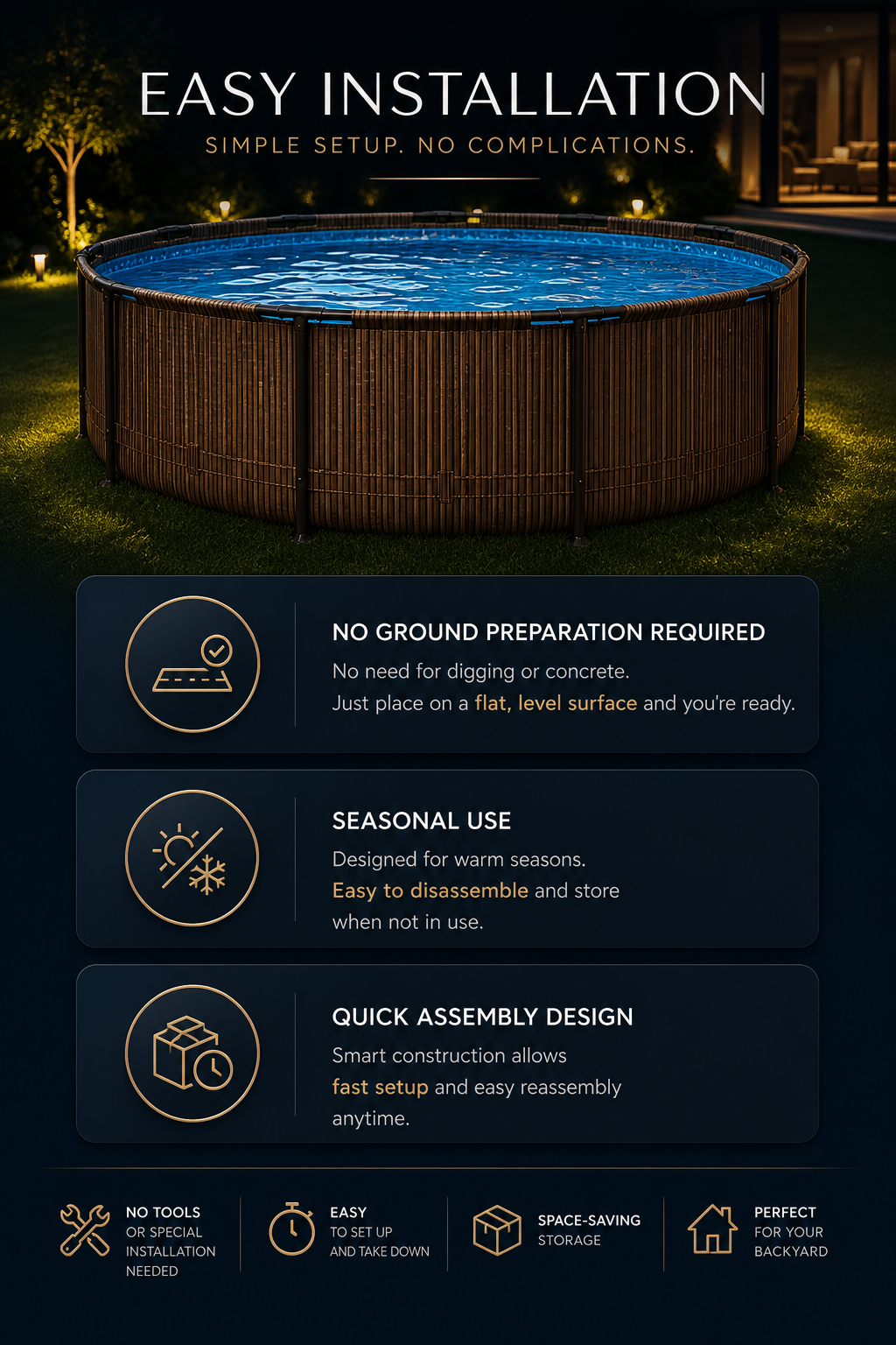 Wood-Slat Pattern Round Frame Pool Set