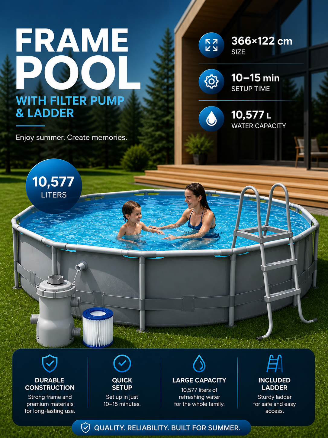 Large Round Frame Pool Set with Filter Pump and Ladder