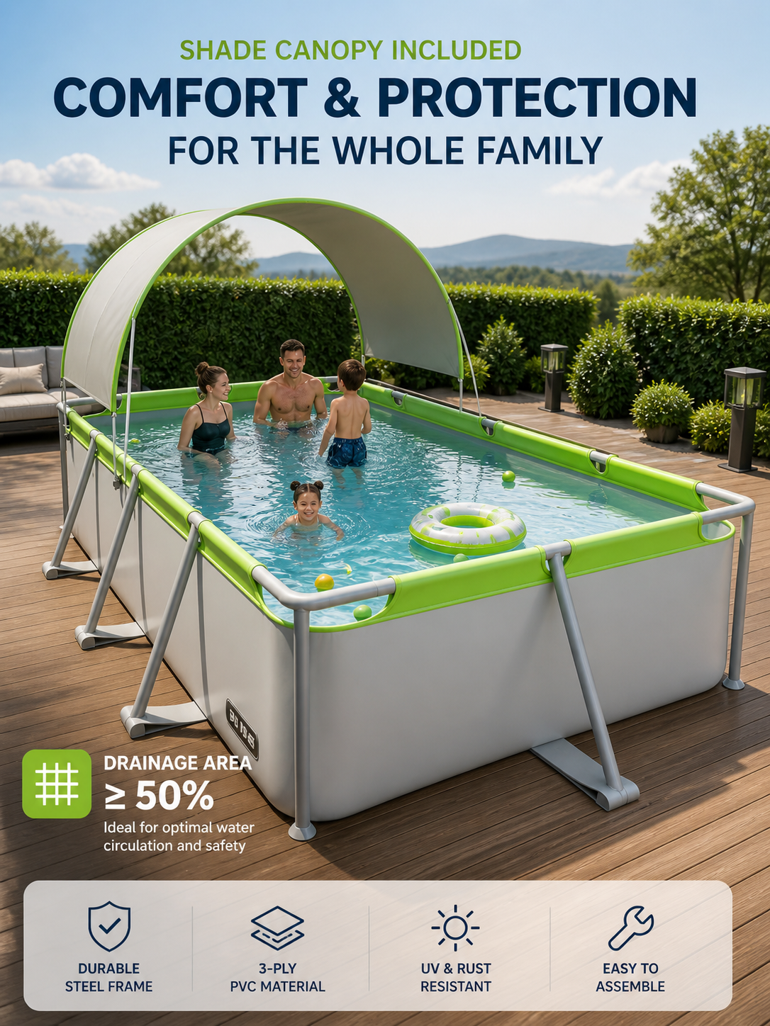Premium Rectangular Family Frame Pool with UV Shade Canopy