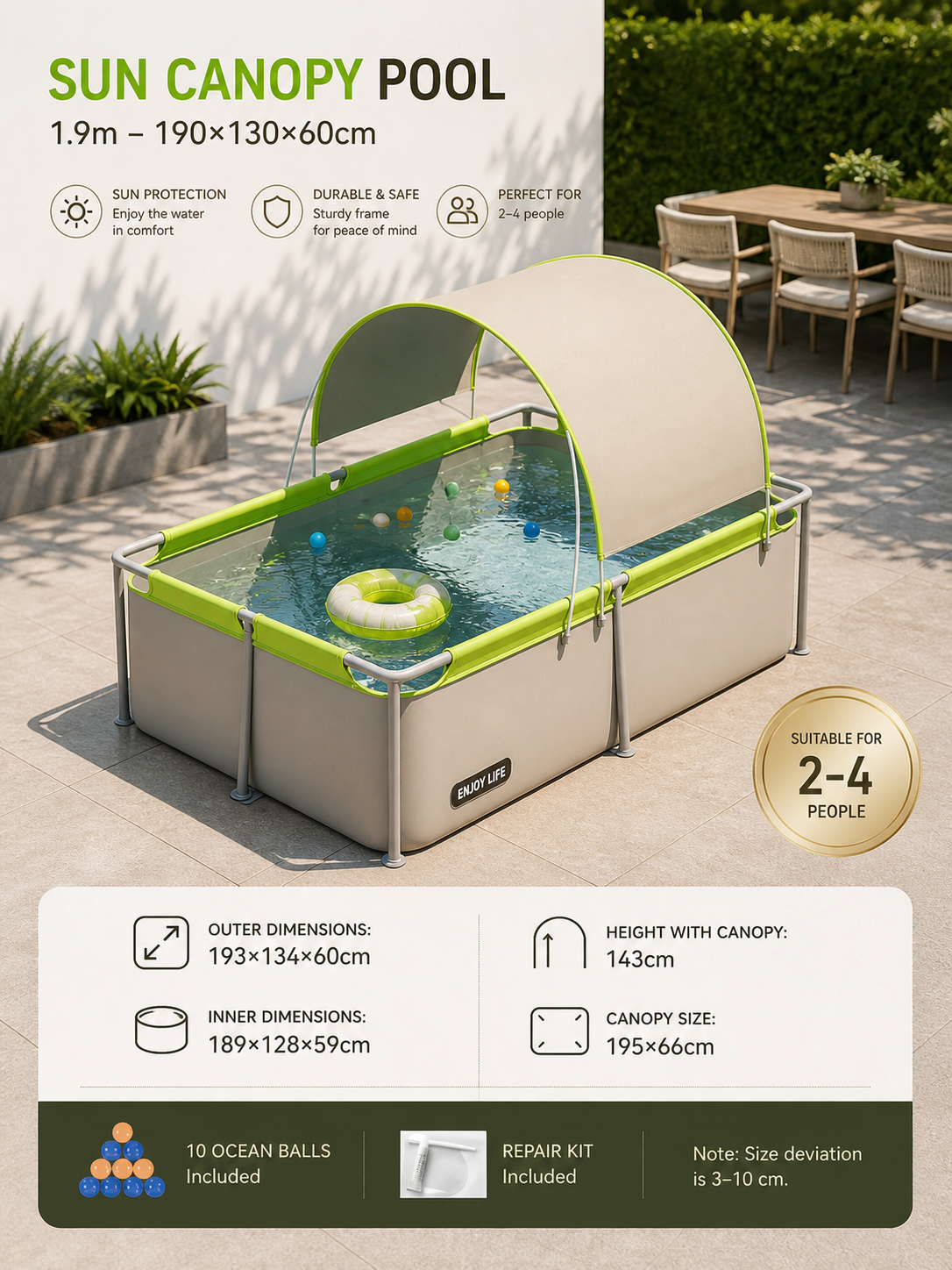 Premium Rectangular Family Frame Pool with UV Shade Canopy