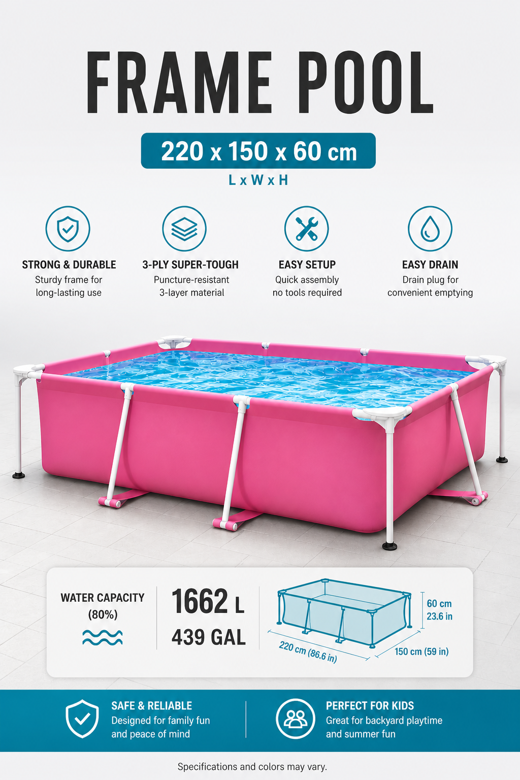 Premium Rectangular Family Frame Pool – Pink Edition