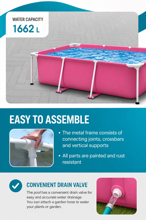Premium Rectangular Family Frame Pool – Pink Edition