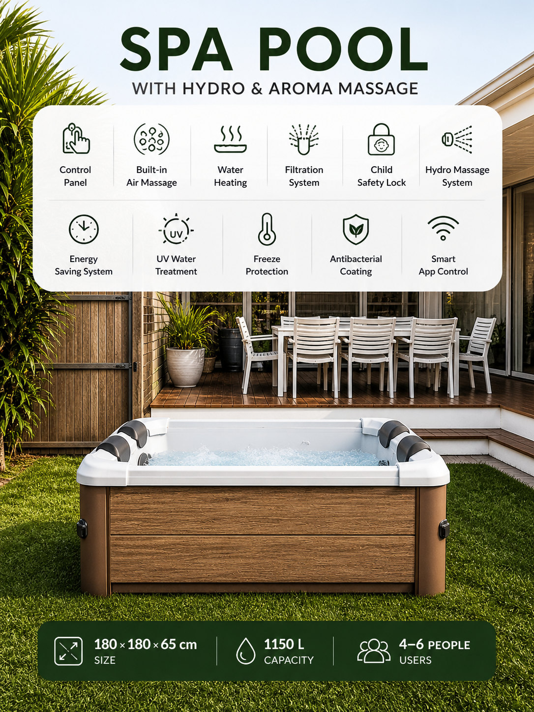 Premium Rigid-Structure Outdoor Home SPA Pool — 6-Person Capacity