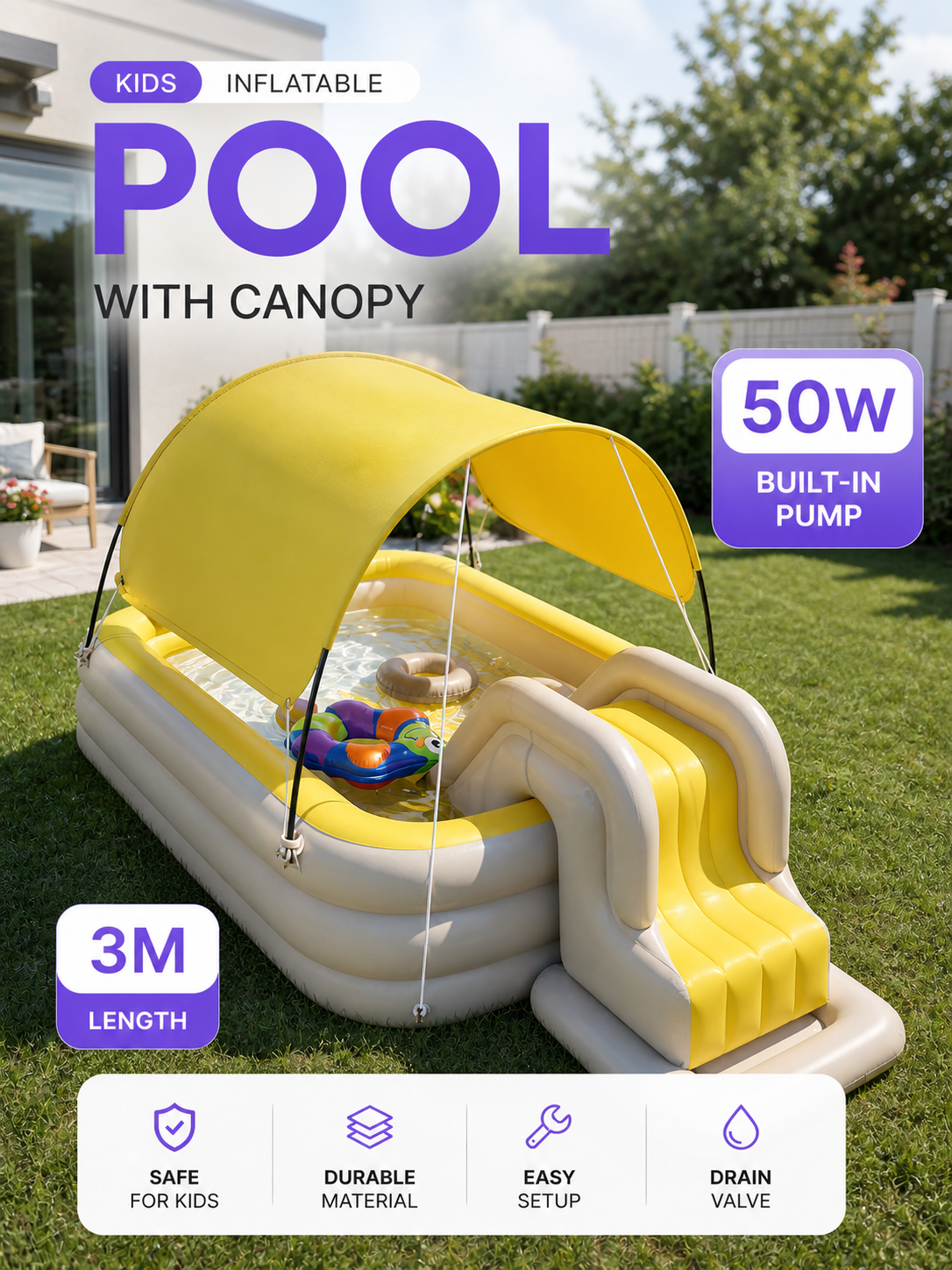 3-in-1 Kids' Inflatable Water Park – 3M Length with Sun Canopy