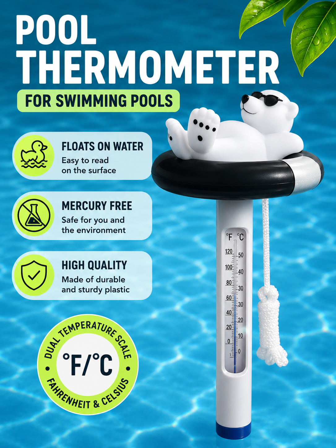 Floating "Polar Bear in Sunglasses" Pool & Bath Thermometer