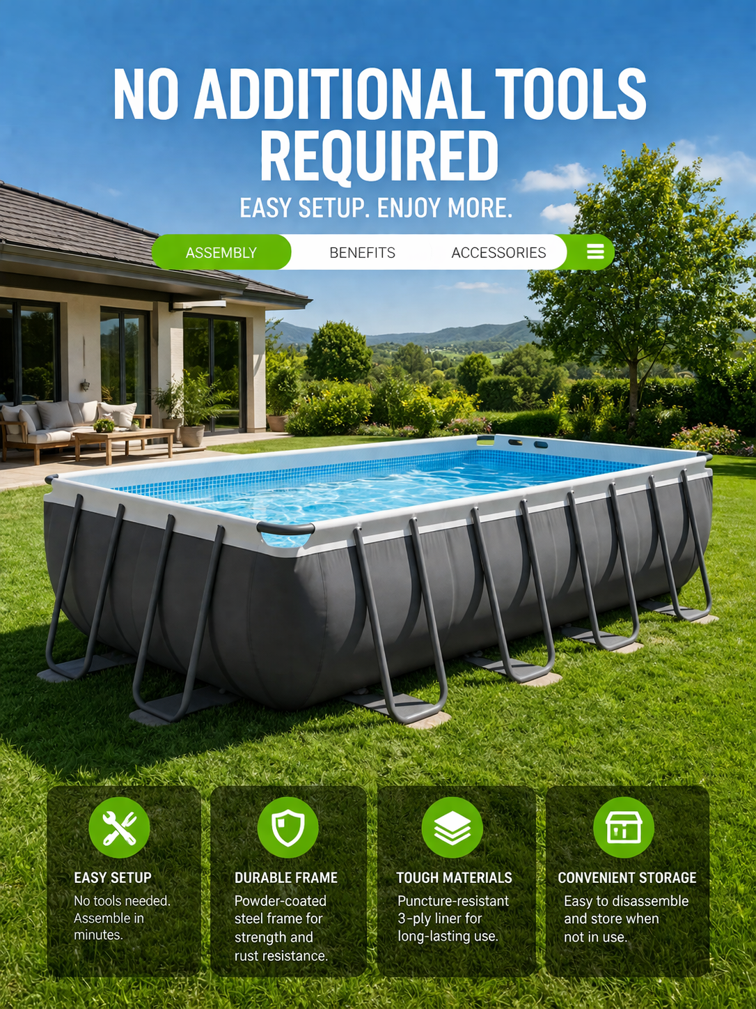 Ultra Frame Rectangular Pool Set (549x274x132 cm) with Sand Filter Pump, Ladder, and Cover